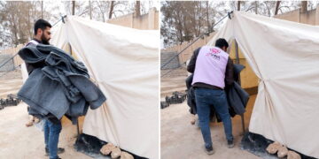 آشنا توزع أغطية على النازحين في المدينة الرياضية بـ الطبقة